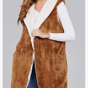 Active USA Casual Oversized Brown Hooded soft fluffy vest